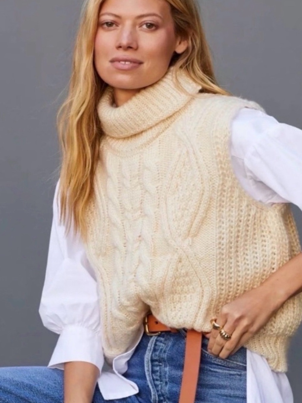 Anthropologie Cream Cable-Knit Turtleneck Sweater Vest One Size EUC